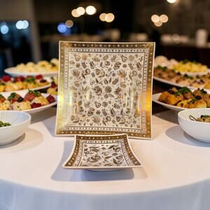 Georges Briard Persian Garden Glass Tray Set, 22k Gold Mid Century Modern